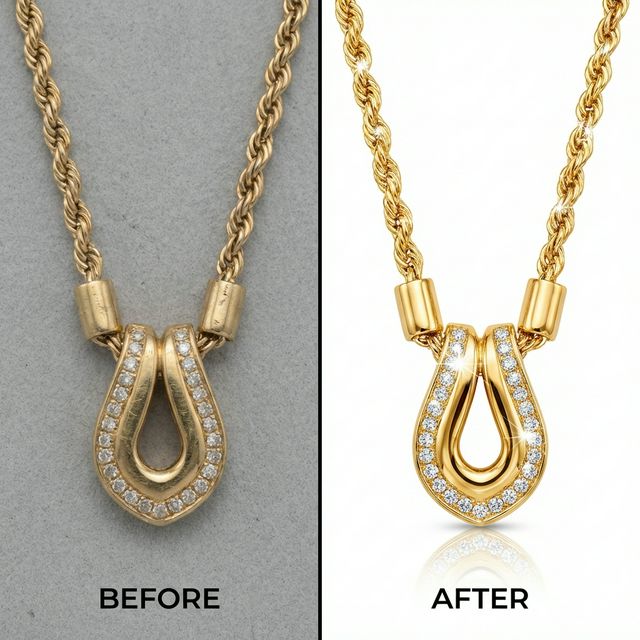 StitchMagic AI jewellery enhancement — jewelry catalog with AI-generated product details: name, metal type, stone, purity, occasion